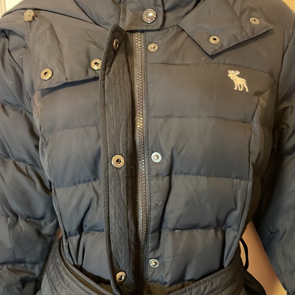 Abercrombie & Fitch Navy Blue Belted Hooded Down Puffer Jacket Size L - Picture 9 of 16